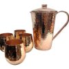 Olde Copper 5-Piece Pitcher Set – Pure Copper Water Pitcher and Cup Set – Best Copper Water Jug with Four Copper Cups – Hammered Copper Pitcher. (Drop Shape Tumblers - Shiny Finish)